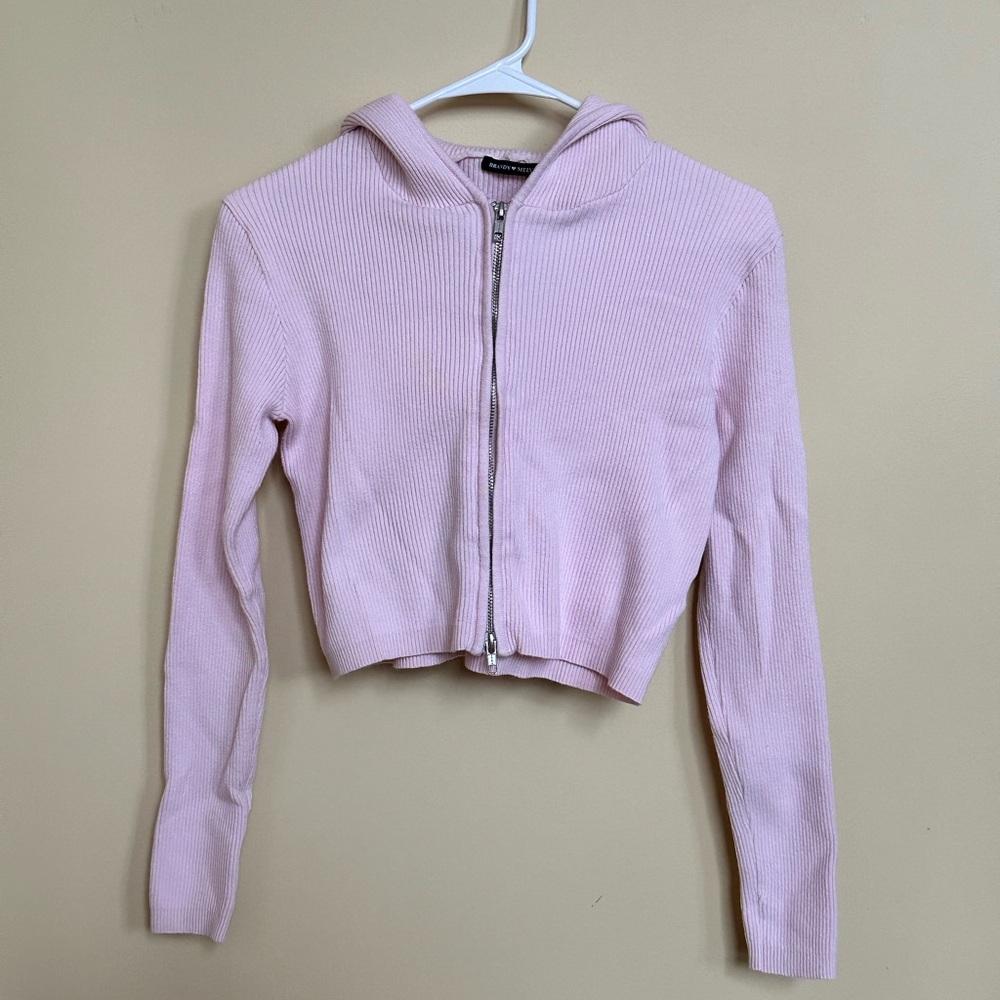 Brandy Melville Pink Ribbed Zip-Up Hoodie